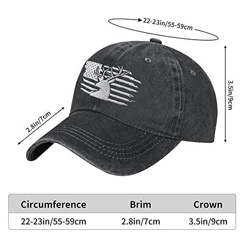 Image of HHNLB Embroidered Funny American Flag and Deer Skull Hunting Hat, Distressed Cotton Wash Baseball Cap Gifts for Men Women
