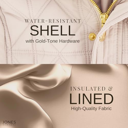 Woman wearing the Jones New York puffer jacket outdoors in a winter setting.