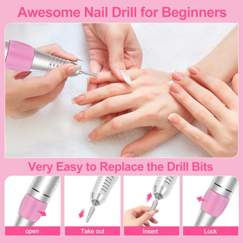 Portable Electric Nail Drill 35000RPM: Professional Nail File Machine, Cordless Rechargeable Nail Drill E File for Acrylic Nails Remove Nail Gel Polish Manicure for Salon Home with Bits Kit, Pink - Thumbnail 7