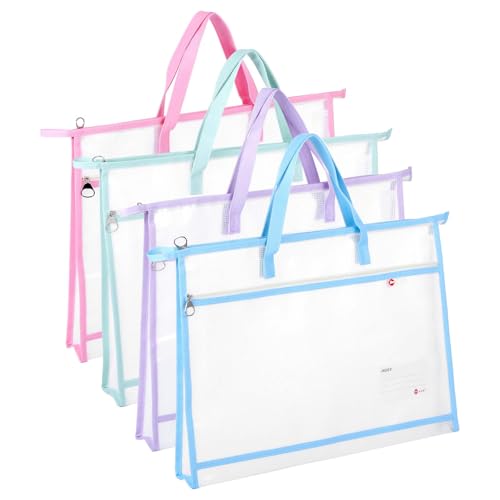Image of 4 Pcs A3 Project Bag for Quilting Craft Storage for Quilters Clear Mesh Design Art Supply Bag Artwork Storage Organize for Artworks Charts and Teaching Material Multipurpose