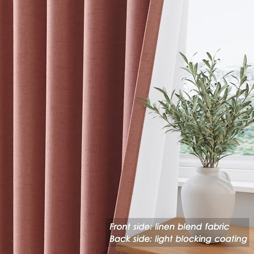 Image of Canyon Rose 100% Blackout Linen Curtains 108 Inches Long for Bedroom Back Tab Thermal Insulated Modern Boho Decor Black Out Girl Curtain for Living Room Floor to Ceiling High Window 52x108, 2 Panels