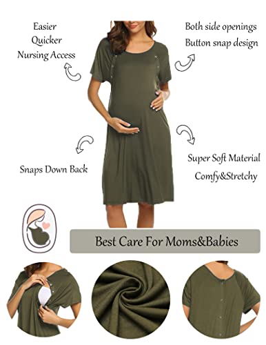 Ekouaer Womens, Maternity Nightgown Nightshirt With Snap, Nursing/Delivery/Labor/Hospital Nightdress, Short Sleeve, Army Green, Medium #TOP1