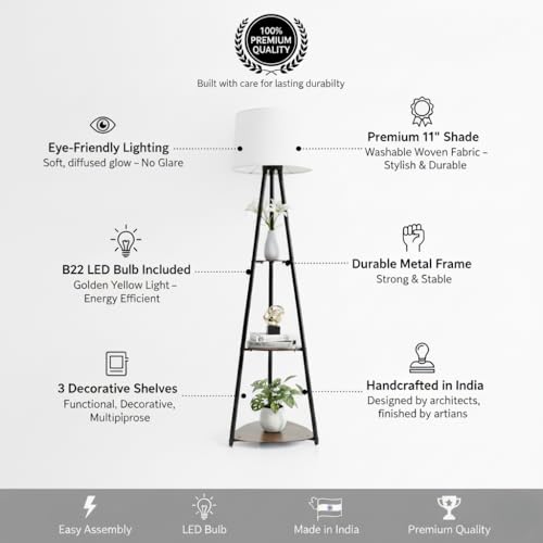 Image of Tripod Metal Floor Lamp with Shelves - Stylish Standing Lamp for Living Room Decoration Bedroom Bedside Corner Stand Aesthetic Home Decor with Storage Shelves (Cotton White) LED Bulb Included