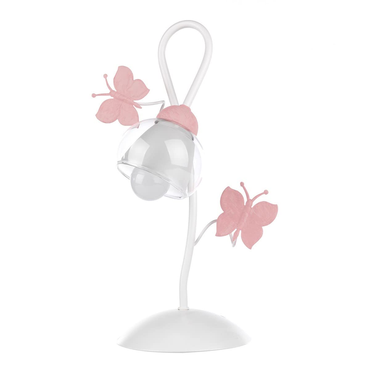 ONLI Lámpara de Mesa de Metal Mariposas Pintadas Cristal Transparente 6 W, Blanco/Rosa
