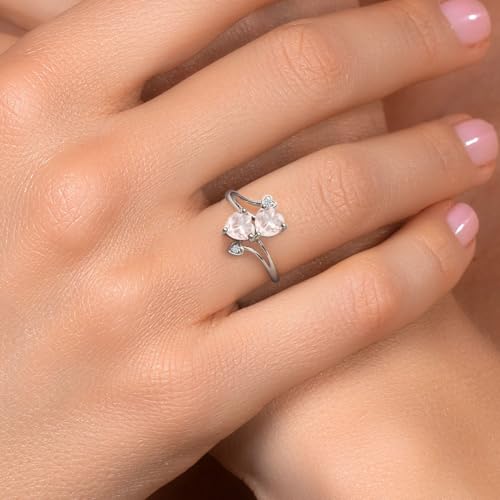 925 Sterling Silver Double Heart Promise Ring for Women | 6MM Gemstone Birthstone with 1.5MM White Moissanite Accents | 2-Stone Fine Jewelry for Engagement Wedding Anniversary | Size 5-94
