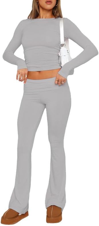 Casual Women's Two Piece Outfit Basic Long Sleeve Crop Top with Low Rise Flare Pants Set Lounge 2 Piece Yoga Tracksuit