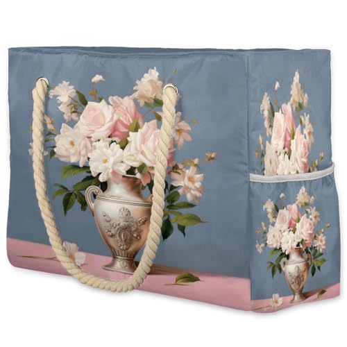 Summer Floral Pattern Large Beach Bag Waterproof Beach Bag for Women Oversized Sandproof Beach Tote Bag with Zipper for Gym Travel Daily Pool Bag Big Tote