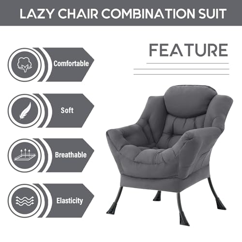 Image of LITA Lazy Chair with Armrests and Side Pocket, Modern Upholstered Accent Reading Chair for Living Room, Bedroom, Dorm, Small Spaces, Single Dark Grey
