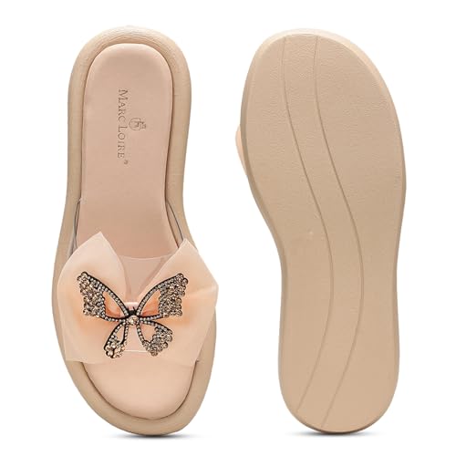 Image of Marc Loire Women Smart Casual Butterfly Embellished Slip-On Flats | Open Toe Cute Fashion Sandals with Comfortable Sole