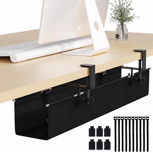 Under Desk Cable Management Tray - 27.2\'\' Desk Cord Organizer Clamp-on Computer Wire Organizer Cable Tray No Drill, with 16X Cable Ties Hide PC Cable Management for Office/Home,Fabric Desk Cord Holder