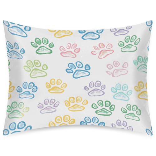 Envelope Closure Satin Pillow Cases for Hair and Skin Standard Size Silk Paw Prints Cute Colorful Pillowcase Soft Lightweight Cooling Pillow Cover for Sleeping Women Men Kids 20 * 26in-1Pack