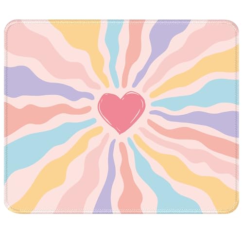 Cute Pink Rainbow Heart Desk Pad Mat with Stitched Edges and Non-Slip Rubber Base, Premium-Textured Mouse Pad for Laptop, Computer & PC, Gaming & Working, Waterproof Mousepad