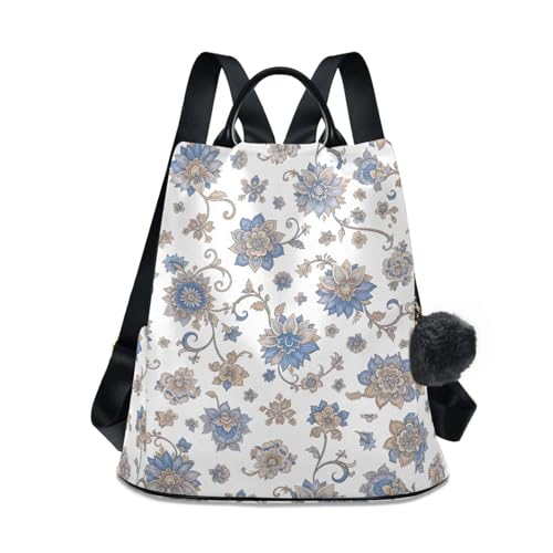 Sac à dos imprimé floral bleu à poches multiples et porte-clés pompon chic