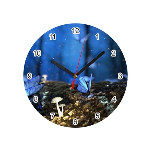 Horloge murale blanche papillons bleus verre 20cm