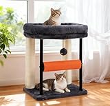 Hey-brother Kratzbaum, 50 cm klein Katzenbaum für Kätzchen, Kratzpfosten mit drehbarer Sisalsäule, geräumiger Plüschplattform, Vollständig sisalumwickelte Säule und Spielbällen, Rauchgrau EMPJ010SG