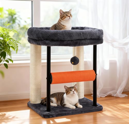 Hey-brother Cat Tree, Cat Scratching Posts with Bed, Sturdy Tower with Fully Sisal-Wrapped Columns and Plush Toy Ball for Indoor Kittens, 18.9 inches, Smoky Gray MPJ010SG