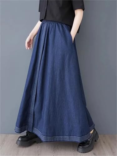 Women A-Line Patchwork Denim Skirt Loose Fit Solid Large Swing Casual Midi Jeans Skirts3
