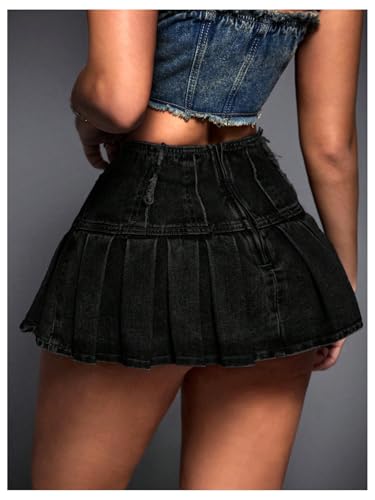 Floerns Women's Frayed Hem Pleated Skirts Mid Waist Y2k Mini Denim Skirt2