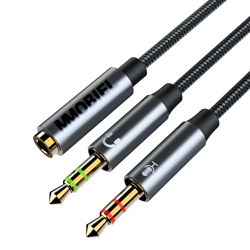 MMOBIEL 3.5mm Headphone Splitter Adapter 1 Female to 2 Male Y Splitter (Audio + Mic) for PC, Laptop, Computer – Mic and Stereo Cable – Gold-Plated, Braided TPE, 30cm (1ft)