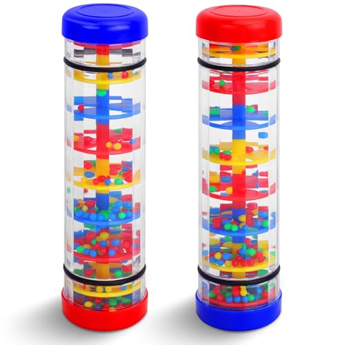 2PCS Baby Rattle Toys, Large Extended Rain Stick Montessori for Babies 6-12+ Months, Sensory Hand Grip Developmental Musical Instruments for 1 Year Old Toddlers