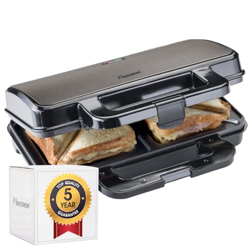 Bestron XL Sandwichera, Sandwichera tostadora con recubrimiento antiadherente para 2 sandwiches, incl. control automático de temperatura e indicador de listo, 900 vatios, color: gris titanio