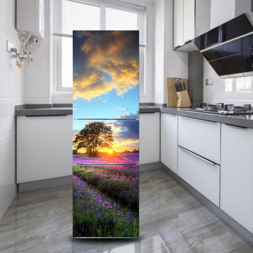 Calcomanías para refrigerador, pegatinas de nevera puerta de cubierta completa decoración de refrigerador, pegatinas de pared de piel congelada para pegatina de cocina, lavanda púrpura paisaje de