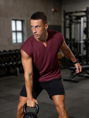 Comdecevis Men's Casual V-Neck Ribbed Knit Sleeveless Tee Shirts L Wine Red — view 4