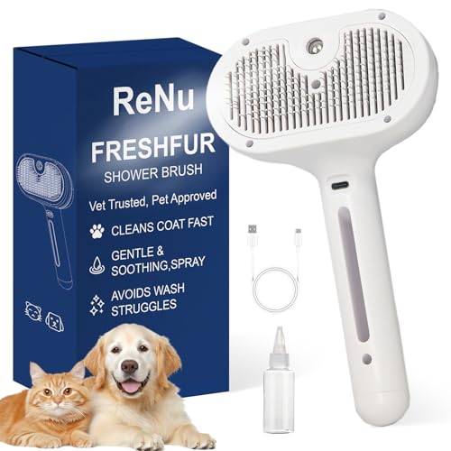 Fresh Fur Shower Brush 3 in 1 Pet Steam Brush Spray Hair Removal Comb for Cats Dogs - Deshedding Grooming (White)