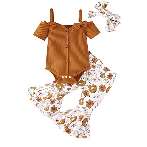 Image of Fernvia Infant Baby Girl Clothes Suspenders Short Sleeve Ribbed Romper Flared Pants Set Headband 3pcs Summer Outfit