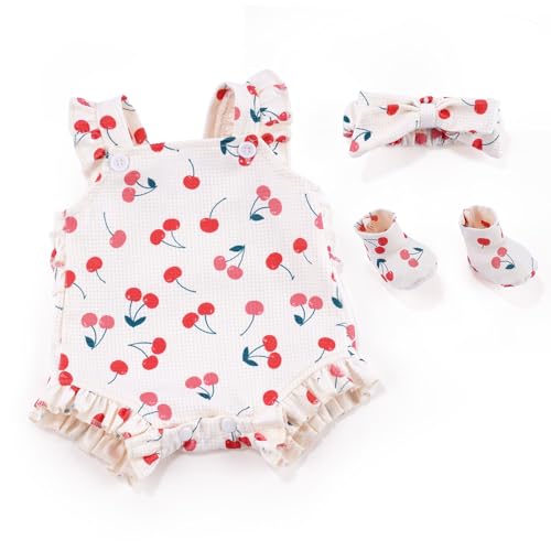 BABESIDE 3 Pcs Reborn Baby Doll Clothes Accessories Cherry Pattern for 17- 22 Inch Baby Doll Clothes Outfits with Romper Headband & Socks