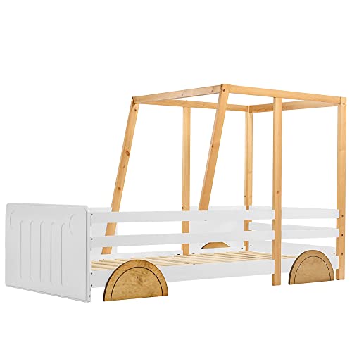 Merax Autobett Kinderbett 90x200cm, Bett mit Lattenrost und MDF-Rädern, Kinder Spielbett mit Rausfallschutz, Rahmen aus Kiefer, Kindermöbel, für Jungen und Mädchen, Weiß + Natur