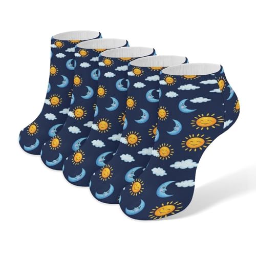 LITPUZC Women's Fashion Ankle Socks Funny Running Low Cut Socks Blue Sky Camo Boho Sun Moon No Show Athletic Sock Soft Breathable Crew Sock 5 Pairs