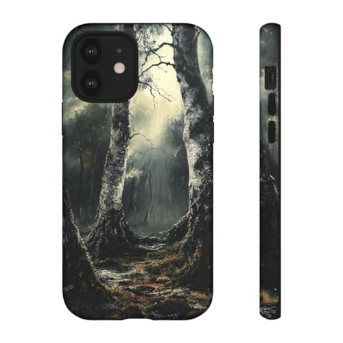 Coque iPhone 12 noire mate motif bouleaux gothiques forêt sombre rigide