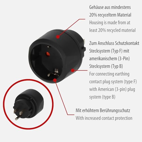 Brennenstuhl Reisestecker/Reiseadapter (Reise-Steckdosenadapter zum Anschluss elektrischer Geräte mit Schutzkontakt Stecksystem in Ländern mit amerikanischem (3-Pin) Stecksystem) schwarz