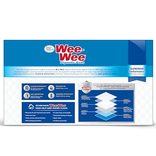 Image of Four Paws Wee-Wee Superior Performance Gigantic Dog Pee Pads, 50 Count | Puppy & dog potty training pads, all day floor protection, housebreaking pet supplies, leak-proof puppy pads, 27.5 inch x 44 inch