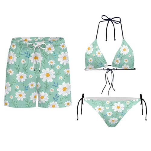 Howilath Cartoon Daisy Couples Swimsuits Lightweight Beach Shorts for Men & Quick Dry 2 Piece Set Bikini for Women, Romantic Tropical Getaway