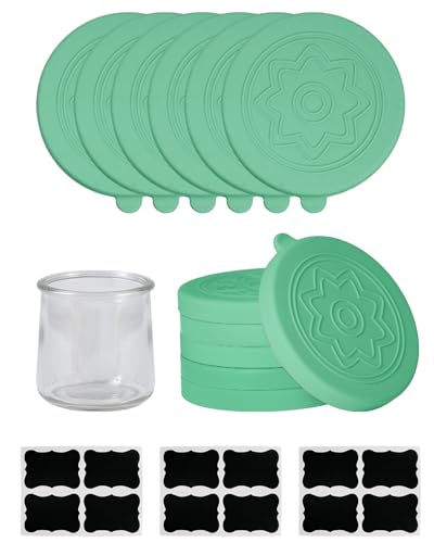 TERESRY 12 Pack Silicone Oui Yogurt Jar Lids with 8 Labels, Food-Grade Lids for 5Oz Oui Yogurt Jars, Reusable Silicone Canning Covers Perfect for Oui Yogurt Bottle, Turquoise(Jar not Includ)