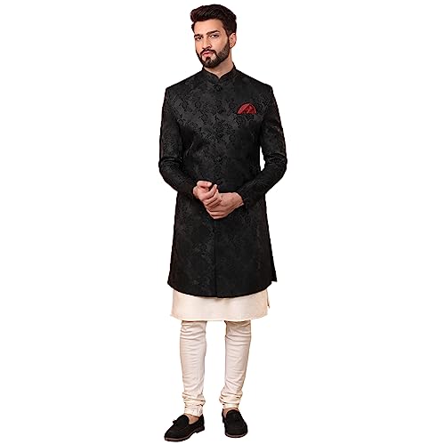 Image of KISAH Men's Kurta Sherwani Set Indo-Western Silk Blend, Geometric Design, Full Sleaves, Knee Length, Straight, Regular Fit, Mandarin Collar Ethnic Wear