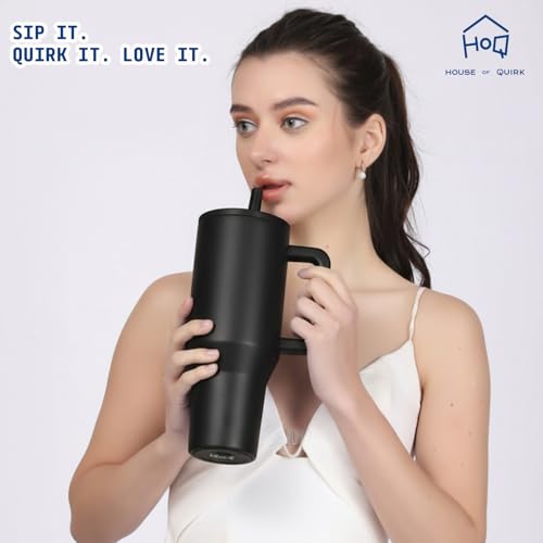 Image of House of Quirk 1200ML Tumbler with Handle & Simple Flip Straw - Car Cup Holder Friendly, Leak Resistant Stainless Steel Water Bottle with Rubber Base (Black)