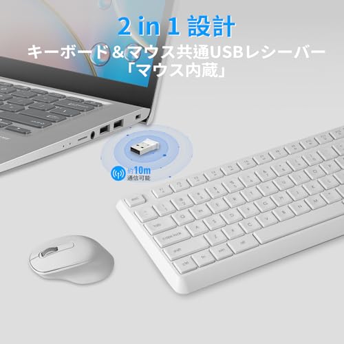 HUO JI ワイヤレスキーボード マウスセット 静音 無線 2.4G 英語配列 フルサイズ テンキー付き 薄型 12個マルチメディアキー 無線マウス 耐水 人間工学 疲れにくい 省電力 テレワーク/在宅ワーク Windows/Mac対応(ホワイト)