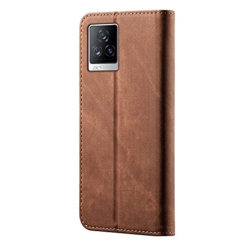 Image of PUDINI Luxury Denim Leather Finish Flip Cover for iQOO 7 Legend 5G Wallet Case Cards Slot with Magnetic Closer, Kickstand Flip Cover, 360 Protection - Brown
