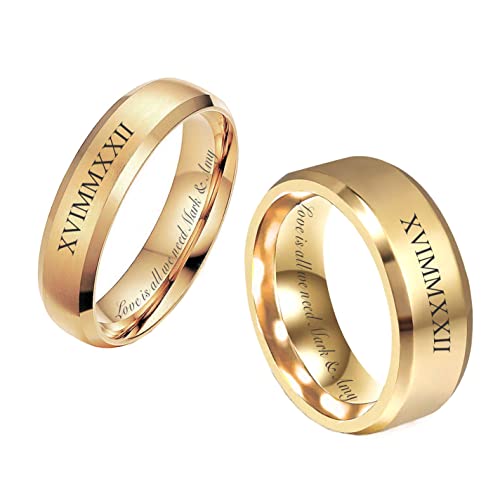Personalized 24K Gold Plated Tungsten Ring Set Custom Engraved Free In Any Language - Wedding Band Set - Couple's Ring Set - Ships from USA2