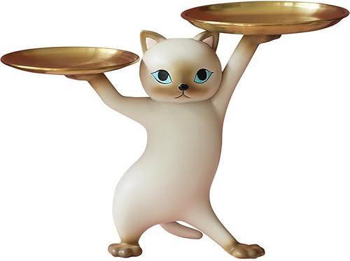 Escultura de gato de dibujos animados de resina con bandeja de metal, estatua de animal, bandeja de almacenamiento para llaves, contenedor de