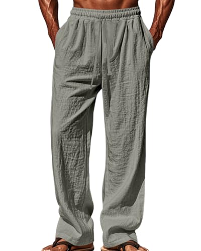 Men's Elastic Waist Cotton Pants Loose Straight Leg Casual Pants with Drawstring Lightweight Trousers