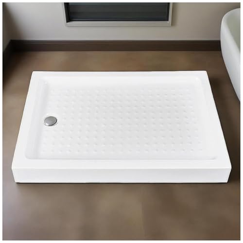 Kit de bandeja de ducha acrílica con superficie antideslizante y drenaje central, cubierta extraíble de acero inoxidable, base rectangular para instalación en el baño
