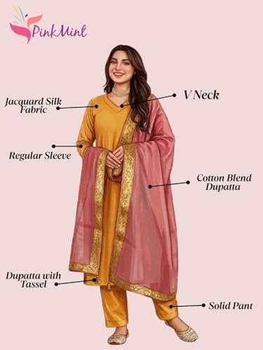 Image of Pinkmint Women Jacquard Silk Ethnic Kurta with Dupatta Suit for Women | Straight Fit Designer Wear with Woven Pattern & Tassel Dupatta | Availble in Plus Size