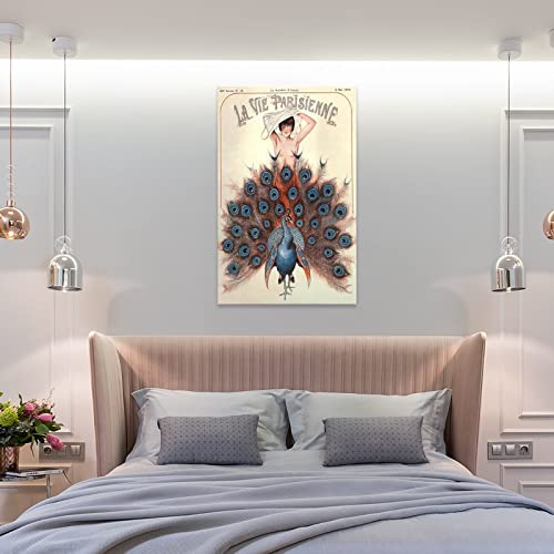 Rucatto Advertising Poster Vintage Peacock Art Drawing Sexy Girl Canvas Wall Art Prints For Wall Decor Room Decor Bedroom Decor Gifts 24X36Inch(60X90Cm) Frame-Style #TOP7