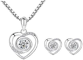 Deyanse Sterling Silver Jewellery Set for Women, Necklace and Stud Earring Set,12mm and 45mm Chain Length Heart-Shaped Pendant Necklace, 10mm Small Love Stud Earrings, with 5A Zircon