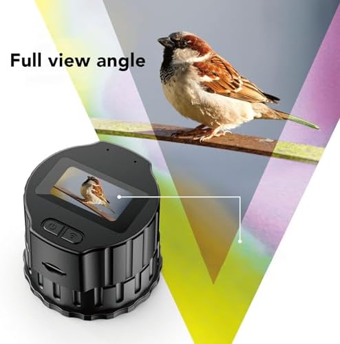 Close-up of the electronic eyepiece camera's screen displaying a bird, with text 'Full view angle'.