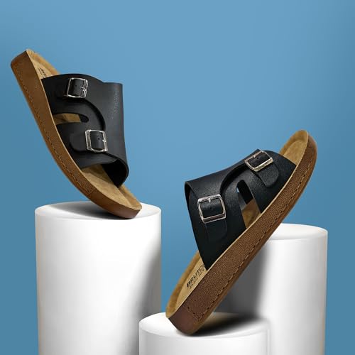 Image of BRUTON Men's Double Buckle Comfort Sandals | Adjustable Casual Slides | Soft Cushioned Lightweight Slip-On Sandals for Daily Wear, Walking & Outdoor